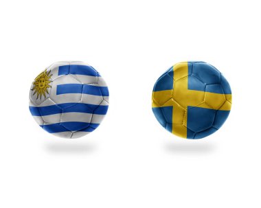 futbol topları ile uruguay ve sweden.isolated beyaz zemin üzerine Ulusal bayrakları. 3D çizim