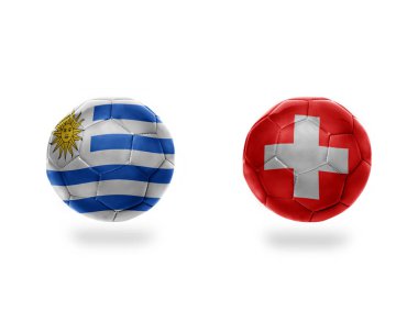 futbol topları ile uruguay ve switzerland.isolated beyaz zemin üzerine Ulusal bayrakları. 3D çizim
