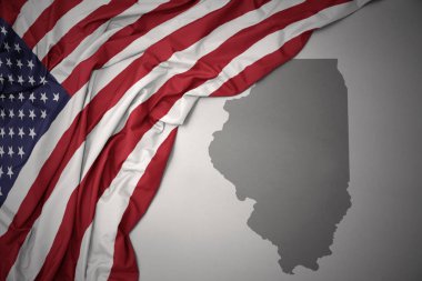 Amerika Birleşik Devletleri gri Illinois Devlet harita arka plan üzerinde renkli ulusal bayrak sallayarak.