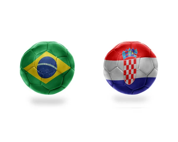 Ballons Football Avec Des Drapeaux Nationaux Brésil Croatie Isolé Sur — Photo