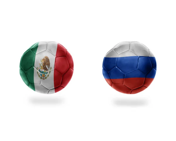 Fotbalové Míče Vlajky Států Mexika Russia Isolated Bílém Pozadí Obrázek — Stock fotografie