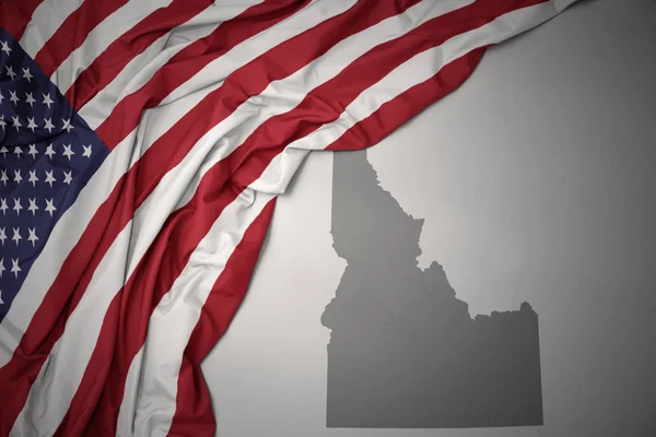 Waving Colorful National Flag United States America Gray Idaho State — Stock Photo, Image