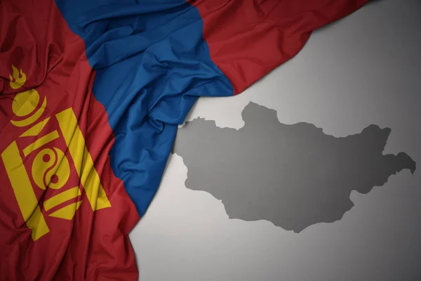 Waving Colorful National Flag Mongolia Gray Map Background — Stock Photo, Image