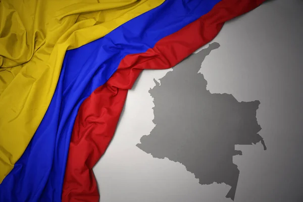 Waving Colorful National Flag Colombia Gray Map Background — Stock Photo, Image