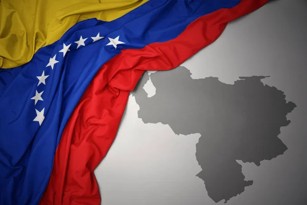 Agitant Drapeau National Coloré Venezuela Sur Fond Carte Grise — Photo