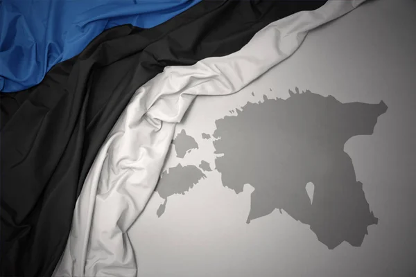 Sventolando Bandiera Nazionale Colorata Estonia Uno Sfondo Mappa Grigia — Foto Stock