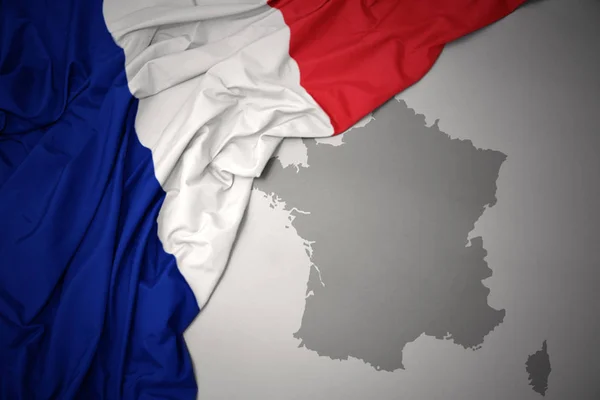 Waving Colorful National Flag France Gray Map Background — Stock Photo, Image