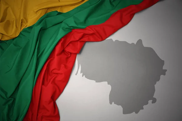 Waving Colorful National Flag Lithuania Gray Map Background — Stock Photo, Image