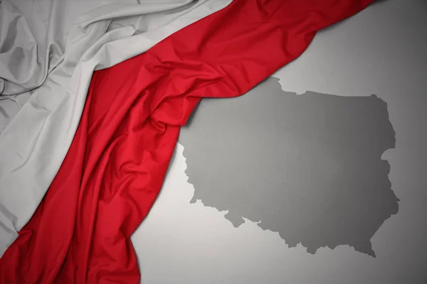 Waving Colorful National Flag Poland Gray Map Background — Stock Photo, Image