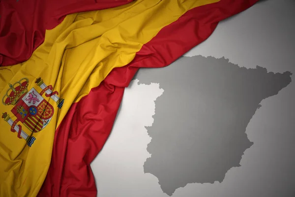 Waving Colorful National Flag Spain Gray Map Background — Stock Photo, Image