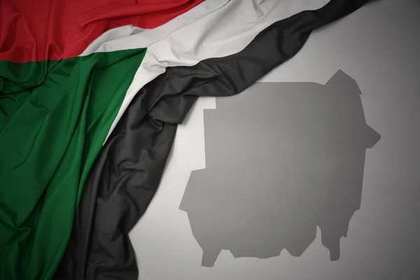 Waving Colorful National Flag Sudan Gray Map Background Illustration — Stock Photo, Image