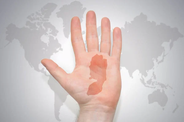 Handen Med Karta Över Palestina Grå Värld Karta Bakgrunden Konceptet — Stockfoto
