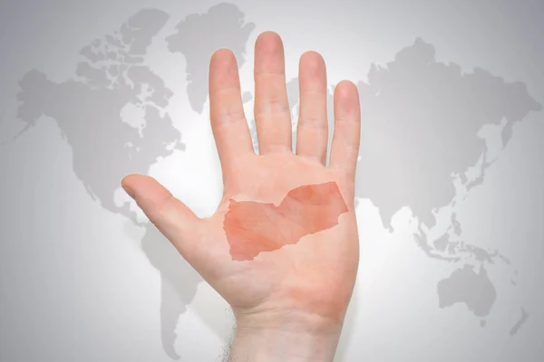 Handen Med Karta Över Jemen Grå Värld Karta Bakgrunden Konceptet — Stockfoto