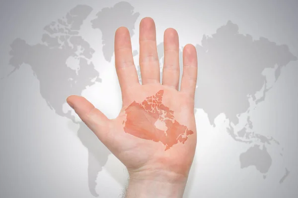 Handen Med Karta Över Kanada Grå Värld Karta Bakgrunden Konceptet — Stockfoto