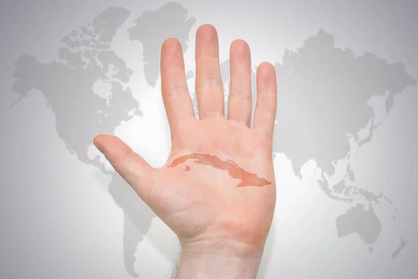 Handen Med Karta Över Kuba Grå Värld Karta Bakgrunden Konceptet — Stockfoto
