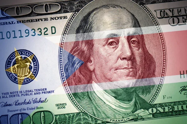 Güney Sudan Amerikan Doları Para Arka Plan Üzerinde Renkli Bayrağı — Stok fotoğraf