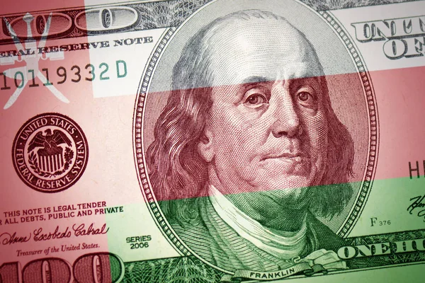 Amerikan Doları Para Arka Plan Üzerinde Renkli Bayrak Umman — Stok fotoğraf