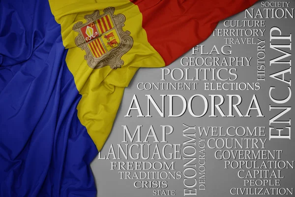 Waving colorful national flag of andorra on a gray background with important words about country — Stock Photo, Image