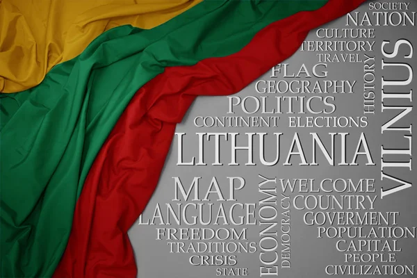 Waving colorful national flag of lithuania on a gray background with important words about country — Stock Photo, Image