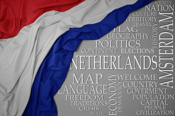 Махаючи барвистим національним прапором нідерландів на сірому фоні з важливими словами про країну — стокове фото