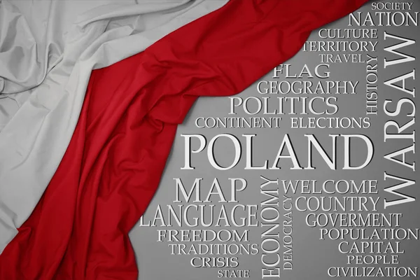 Wuivende kleurrijke nationale vlag van Polen op een grijze achtergrond met belangrijke woorden over land — Stockfoto