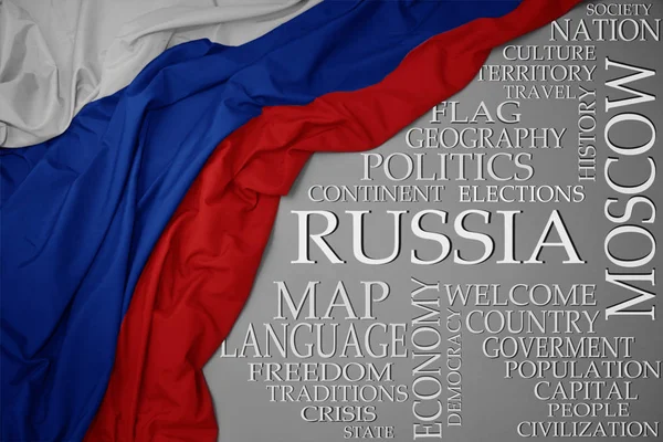 Mává barevné státní vlajka Ruska na šedém pozadí s důležitých slov o zemi — Stock fotografie