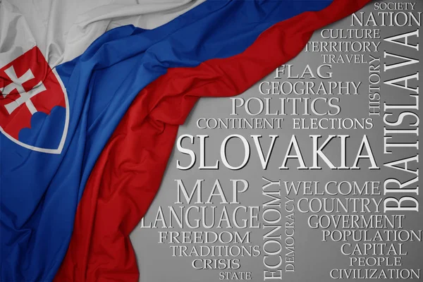 Agitant drapeau national coloré de la Slovaquie sur un fond gris avec des mots importants sur le pays — Photo