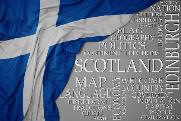 Waving colorful national flag of scotland on a gray background with important words about country — Stock Photo, Image