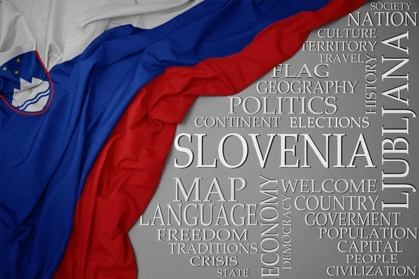 Waving colorful national flag of slovenia on a gray background with important words about country — Stock Photo, Image