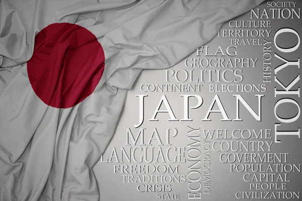 Acenando colorido bandeira nacional do japão em um fundo cinza com palavras importantes sobre o país — Fotografia de Stock