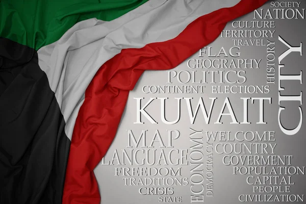 Ondeando colorida bandera nacional de kuwait sobre un fondo gris con palabras importantes sobre el país — Foto de Stock