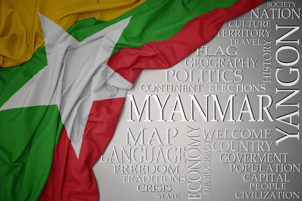 Vinka färgglada nationella flagga Myanmar på en grå bakgrund med viktiga ord om land — Stockfoto