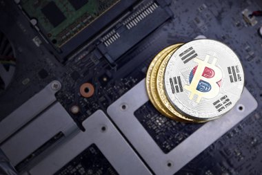bir bilgisayar elektronik devre kartı güney kore bayrağı ile altın bitcoins. bitcoin madencilik kavramı.