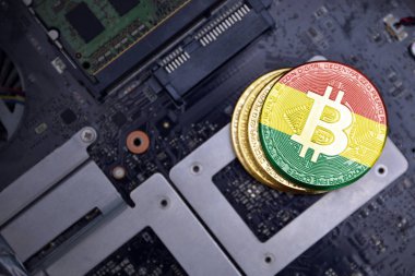 bir bilgisayar elektronik devre kartı üzerinde Bolivya bayrağı ile altın bitcoins. bitcoin madencilik kavramı.