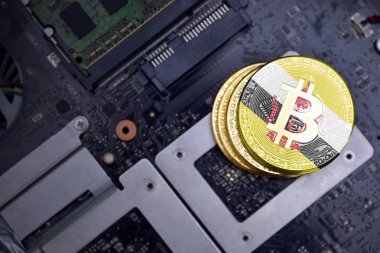 bir bilgisayar elektronik devre kartı üzerinde brunei bayrağı ile altın bitcoins. bitcoin madencilik kavramı.