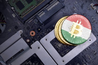 bir bilgisayar elektronik devre kartı üzerinde Kürdistan bayrağı ile altın bitcoins. bitcoin madencilik kavramı.