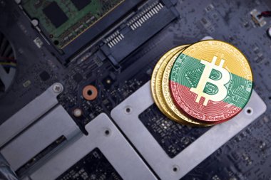bir bilgisayar elektronik devre kartı üzerinde litvanya bayrağı ile altın bitcoins. bitcoin madencilik kavramı.