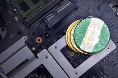 bir bilgisayar elektronik devre kartı üzerinde Nijerya bayrağı ile altın bitcoins. bitcoin madencilik kavramı.