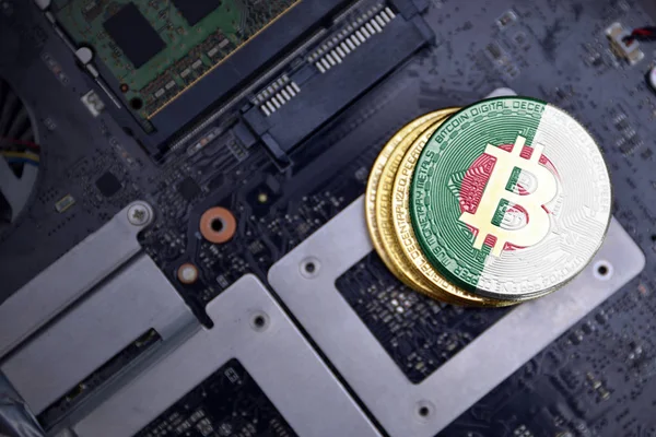 Bitcoins de oro con bandera de algeria en una placa de circuito electrónico de computadora. concepto de minería bitcoin . —  Fotos de Stock