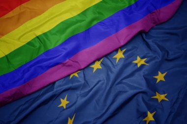 Avrupa Birliği ve gay gökkuşağı bayrağı renkli bayrağı sallıyor .