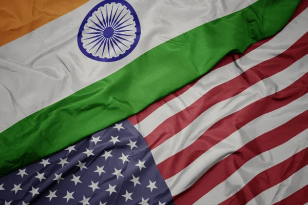 Waving colorful flag of united states of america and national flag of india. — Stock Photo, Image
