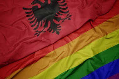 renkli gay gökkuşağı bayrağı ve arnavutluk ulusal bayrağı sallayarak.