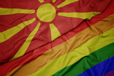 renkli gay gökkuşağı bayrağı ve makedonya ulusal bayrağı sallayarak.