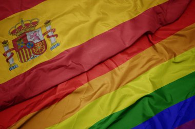 renkli gay gökkuşağı bayrağı ve İspanya ulusal bayrağı sallayarak.