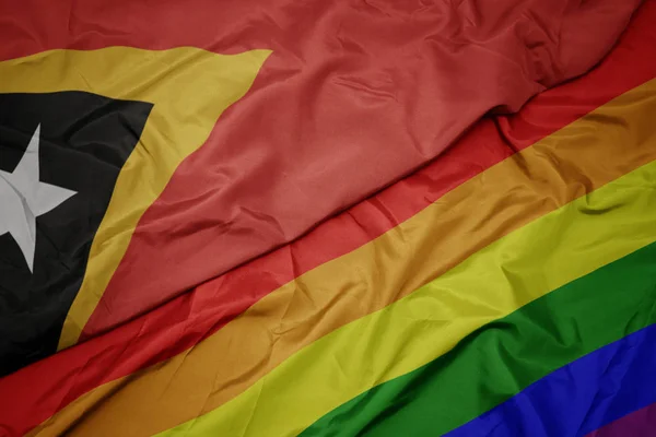 挥舞着五颜六色的同性恋彩虹旗和东帝汶国旗. — 图库照片