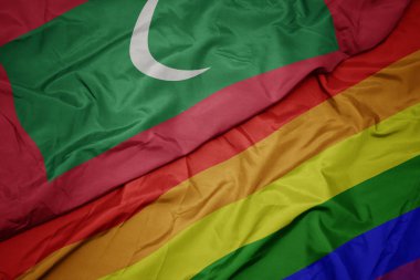 renkli gay gökkuşağı bayrağı ve Maldivler ulusal bayrak sallayarak.