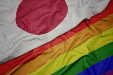 renkli gay gökkuşağı bayrağı ve Japonya ulusal bayrağı sallayarak.