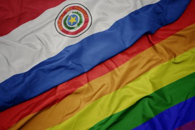 renkli gay gökkuşağı bayrağı ve paraguay ulusal bayrak sallayarak.