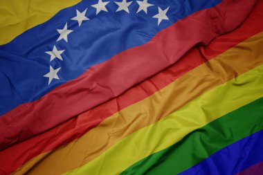 renkli gay gökkuşağı bayrağı ve venezuela ulusal bayrağı sallayarak.