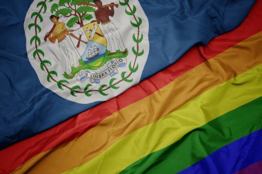 renkli gay gökkuşağı bayrağı ve belize ulusal bayrak sallayarak.